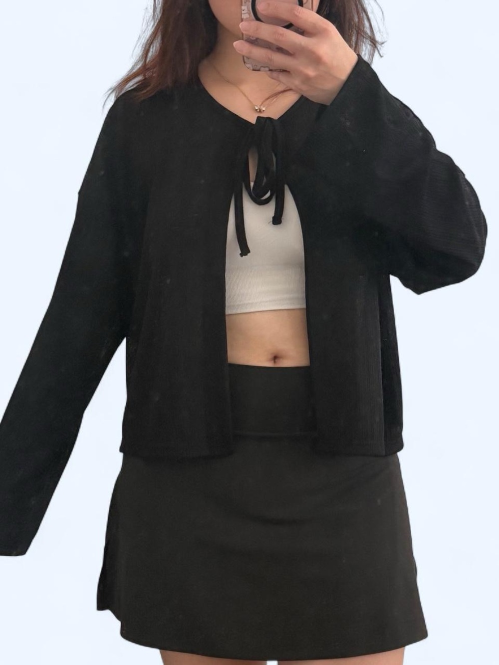 Women's Black Ribbed Long Sleeve Tie-Front Top/Blouse